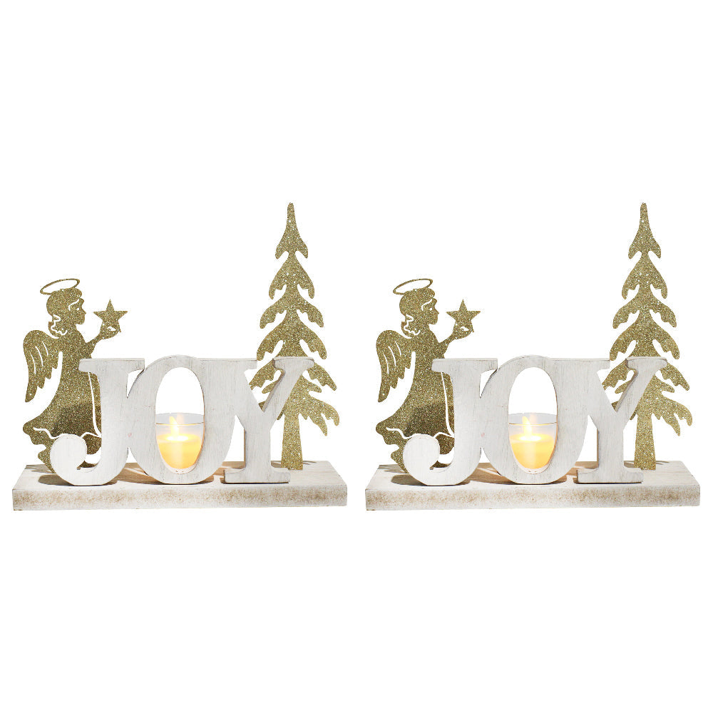 LVD Metal/MDF Fairy Tealight Joy Christmas Decoration - White/Gold (2 Pack)