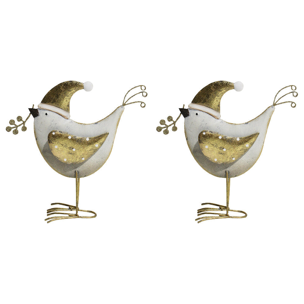 LVD Metal Santa Bird Sculpture Lrg Christmas Home Decor 18.5x15cm White/Gold (2 Pack)