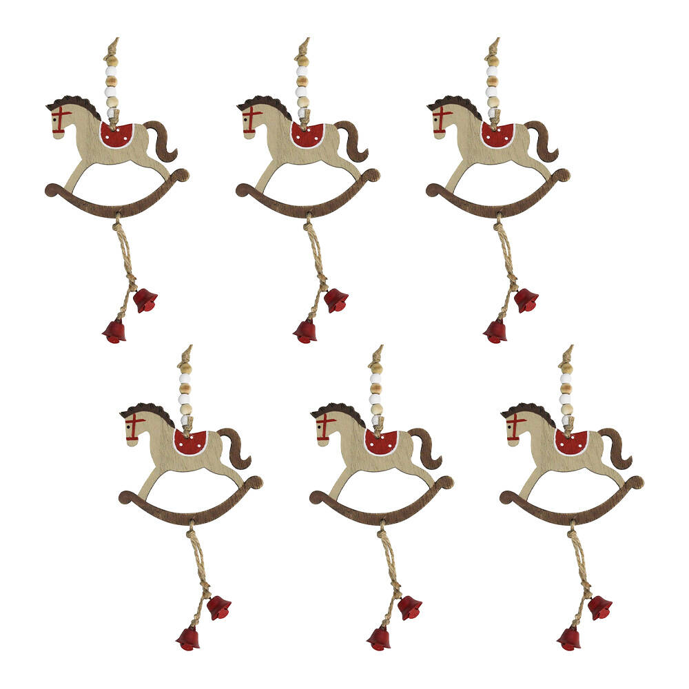 LVD Hanging Rocking Horse Wooden Ornament Home Christmas Decor 23cm Red (6 Pack)