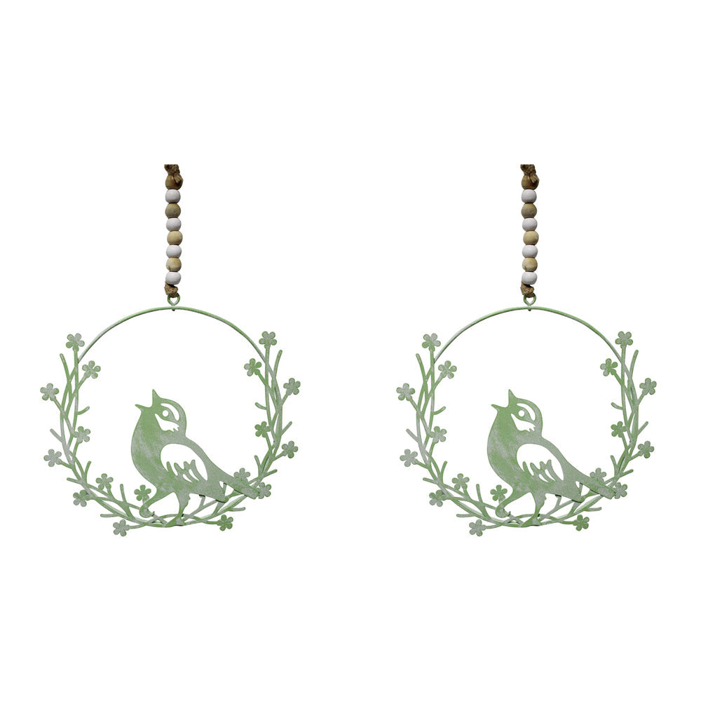 LVD Metal 13.5cm Hanging Bird Wreath Home/Garden Decor Ornament Figurine Sage (2 Pack)