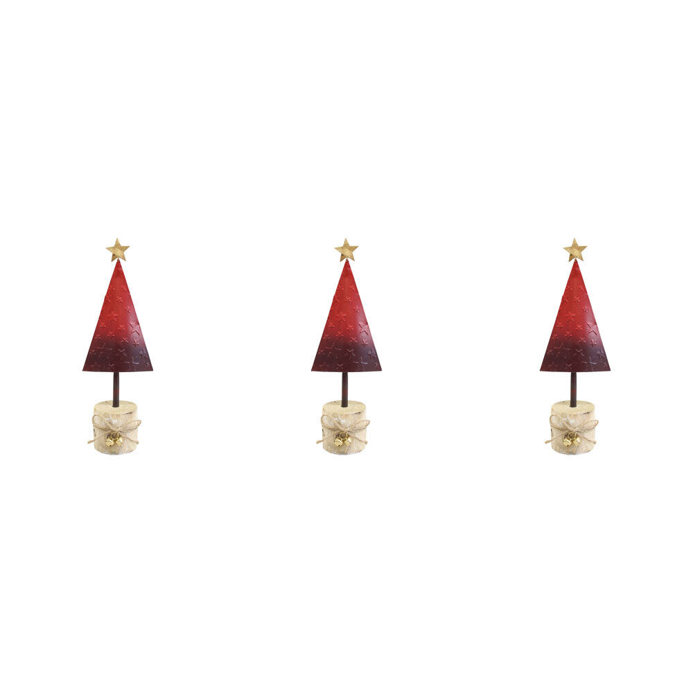 LVD Metal/Wood Gold Star Red Tree w/ Stump Christmas Holiday Decoration 25cm (3 Pack)