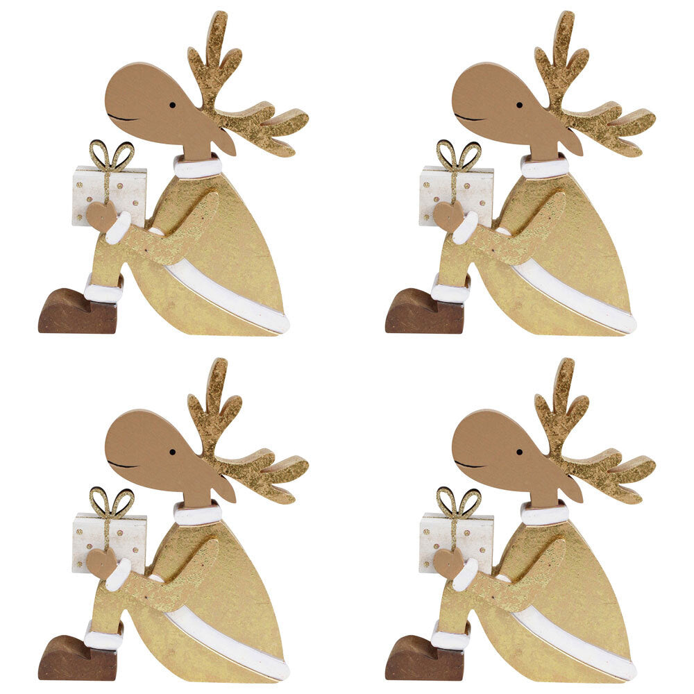 LVD Wooden Gifting Reindeer Christmas Holiday Decoration Small Gold/Brown (4 Pack)
