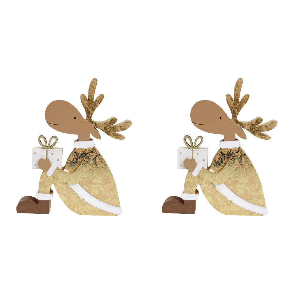 LVD Wooden Gifting Reindeer Christmas Holiday Decoration Large Gold/Brown (2 Pack)