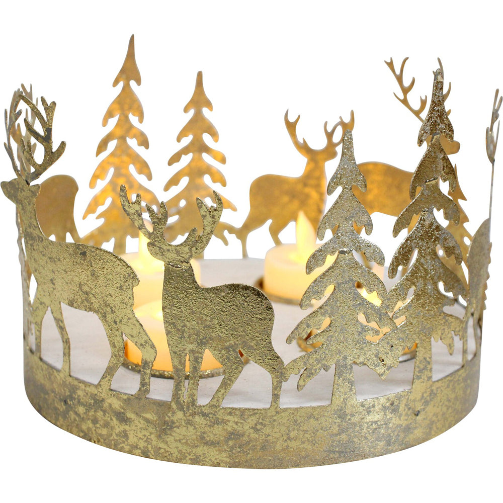 LVD Metal/Wood Merry Go Round Deer Candle Holder Home Decor 16x16cm Gold
