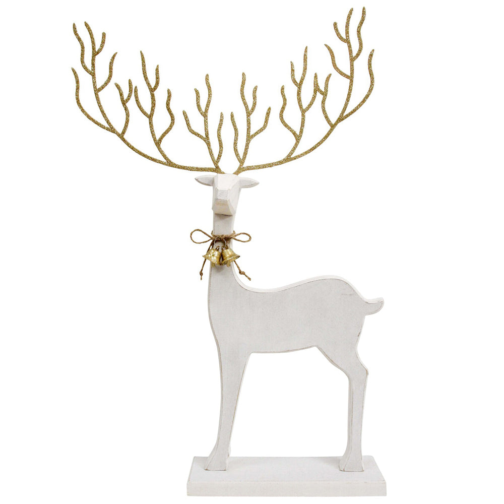 LVD Wooden Mystical Reindeer Sculpture Christmas Decoration Large White/Gold