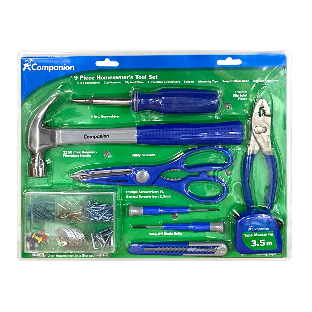 Companion Tool Set DIY Hammer/Pliers/Screwdriver/Box Cutter/Scissors/Tape Measure (9 Pieces)