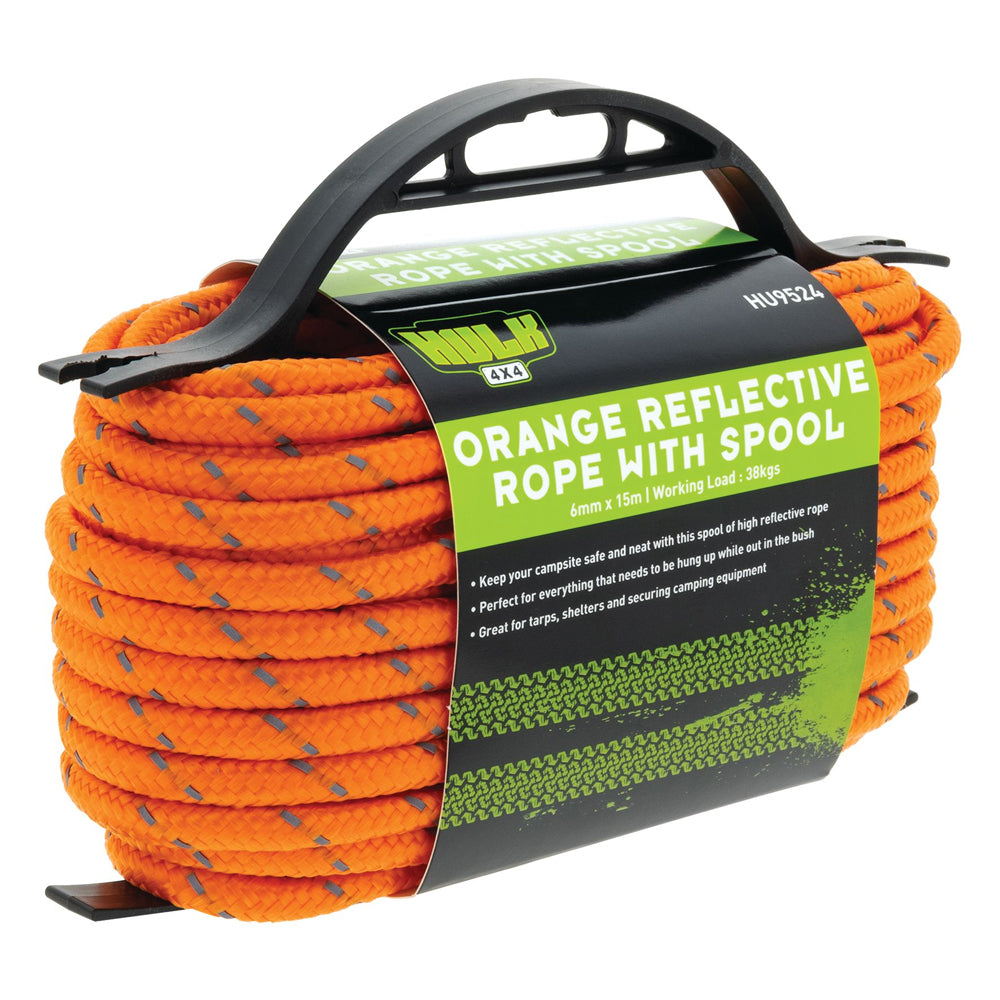 Hulk 4X4 Durable 15m Spooled Hi-Vis Reflective Rope For Tarps/Shelters Orange — image 2