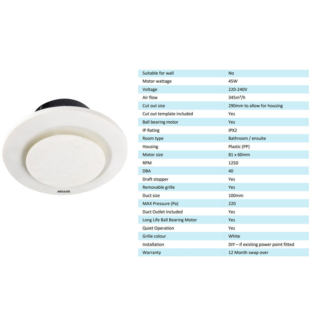 Heller 25cm Ventilating Ducted Round Ceiling Bathroom Air Flow Exhaust Fan White — image 2
