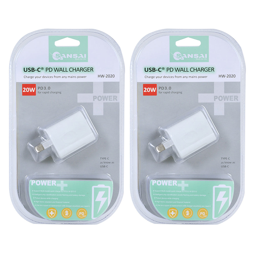 Sansai USB-C PD Wall Charger Power Point Adaptor 20W White (2 Pack)