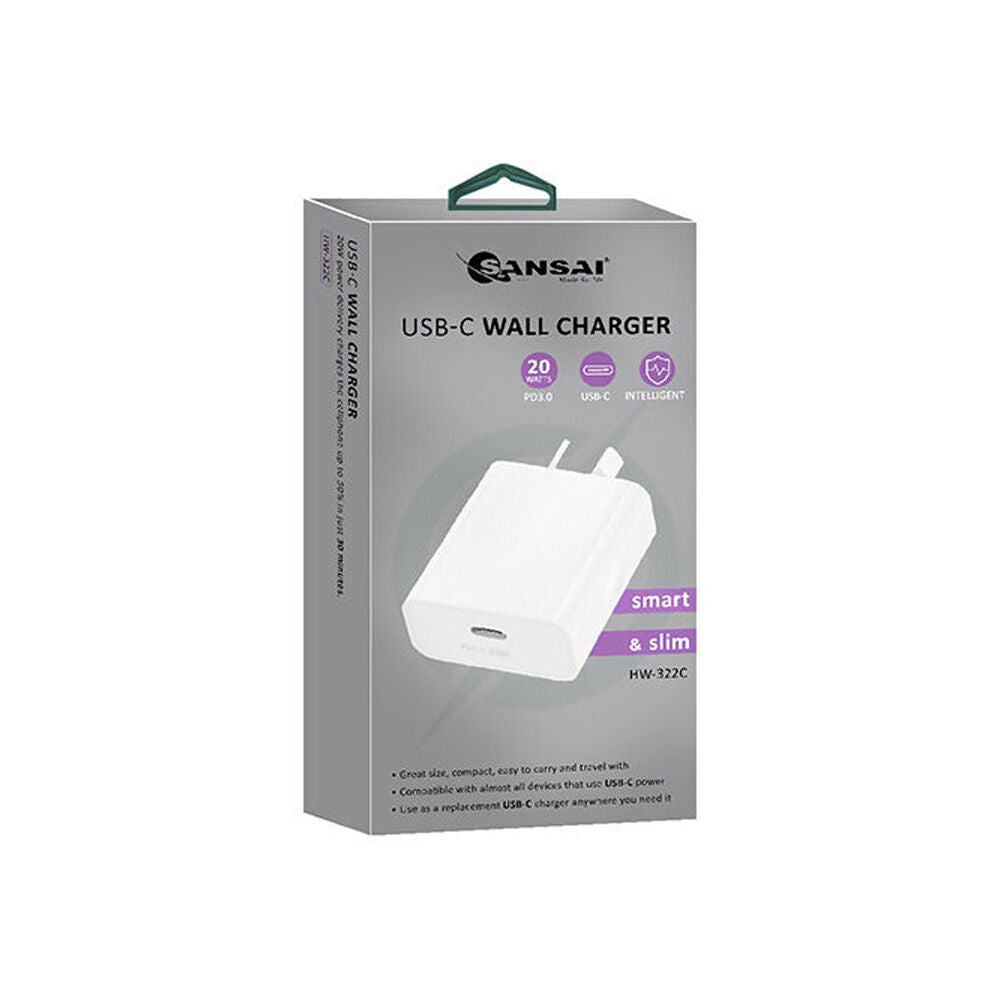 Sansai PD20W White Low Profile USB-C Wall Charger for Phone & Tablet