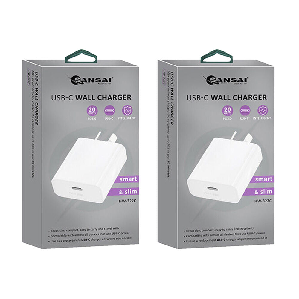 Sansai Low Profile USB-C Wall Charger for Phone & Tablet PD20W White (2 Pack)