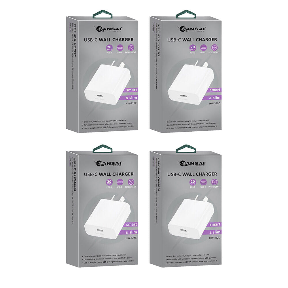 Sansai Low Profile USB-C Wall Charger for Phone & Tablet PD20W White (4 Pack)