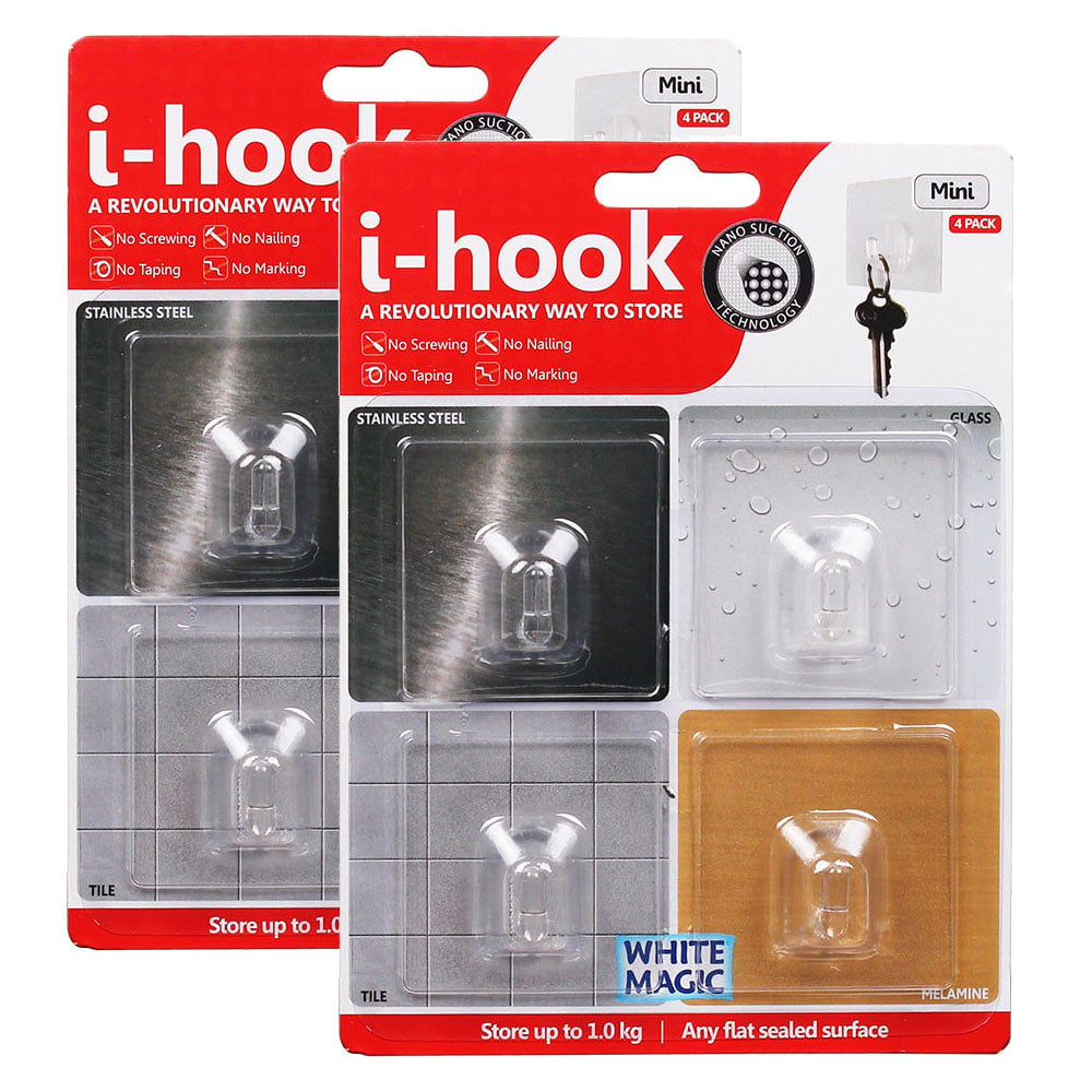 White Magic i-Hook Mini 47cm Multi-Surface Hook Wall Mounted Storage Clear (8 Pieces)