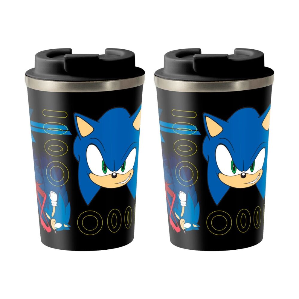 Sonic the Hedgehog Lets Go Insulated Metal Travel Drinking Mug 350mL Black/Blue (2 Pack)