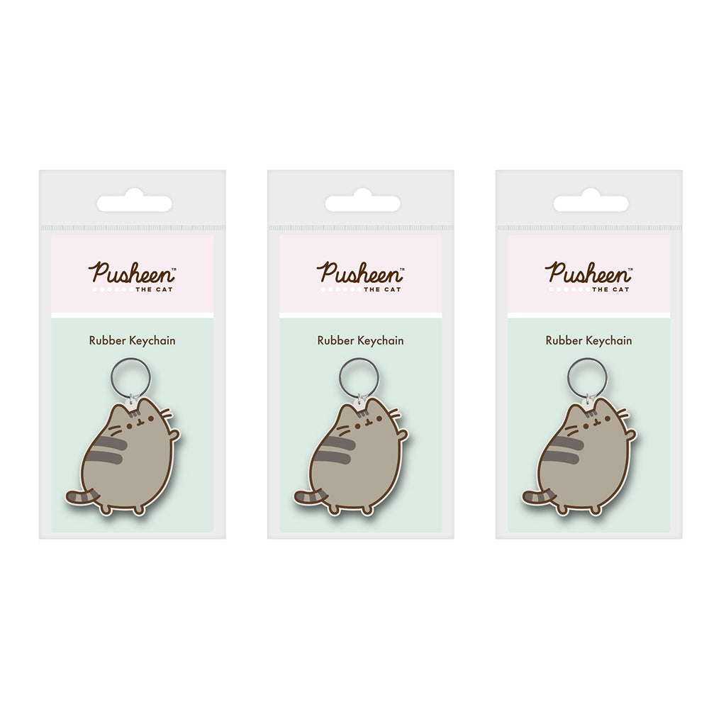 Pusheen Standing Cat Themed Cartoon Novelty Keyring Rubber Keychain Set (3 Pack)