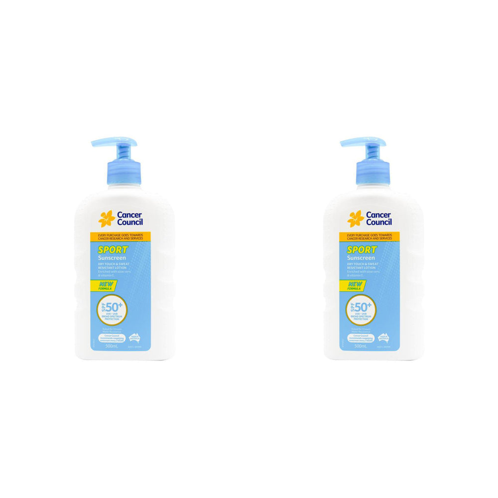 Cancer Council 500ml Sport Sunscreen SPF50+ Sweat Resistant Pump Bottle (2 Pack)