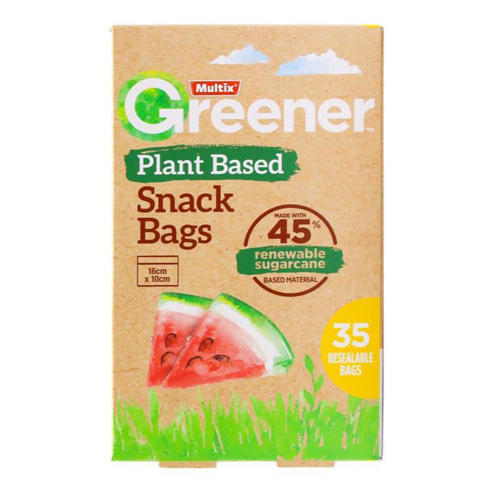 Multix Greener Plastic Snack Bags Zip Lock Food Storage Clear 16x10cm (35 Pieces)