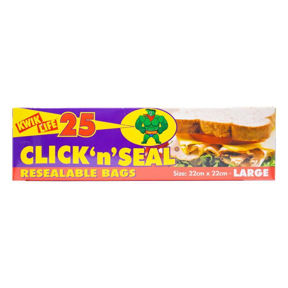 Kwik Life Click N Seal Resealable Bags Large Reusable Zip Lock 22x22cm (25 Pieces)