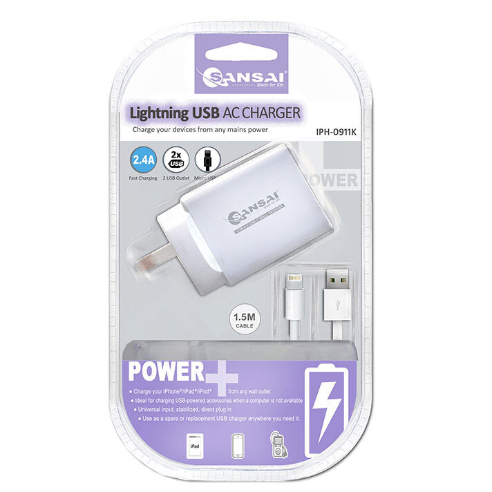 Sansai 2xUSB Port Wall Charger w/Charging Cable Compatible with iPhone 8/7/XR — image 3