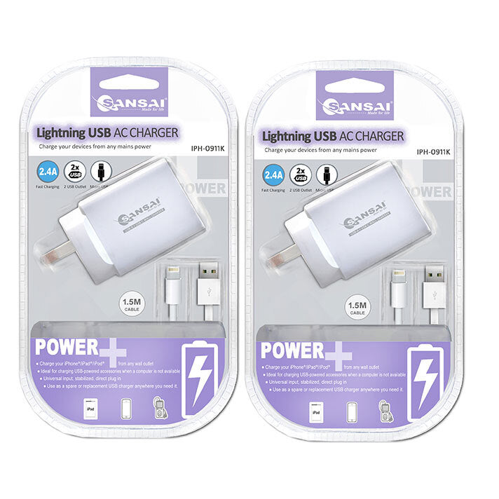 Sansai 2 USB Port Adapter Wall Charger 5V 2.4A AC w/ 8 Pin Cable (2 Pack)