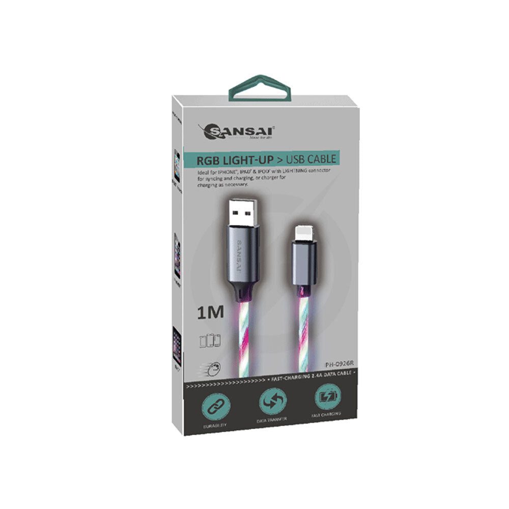 Sansai RBG Light Up 8-Pin Cable 2.4A w/ LED & Data Sync 1M Multi-Coloured