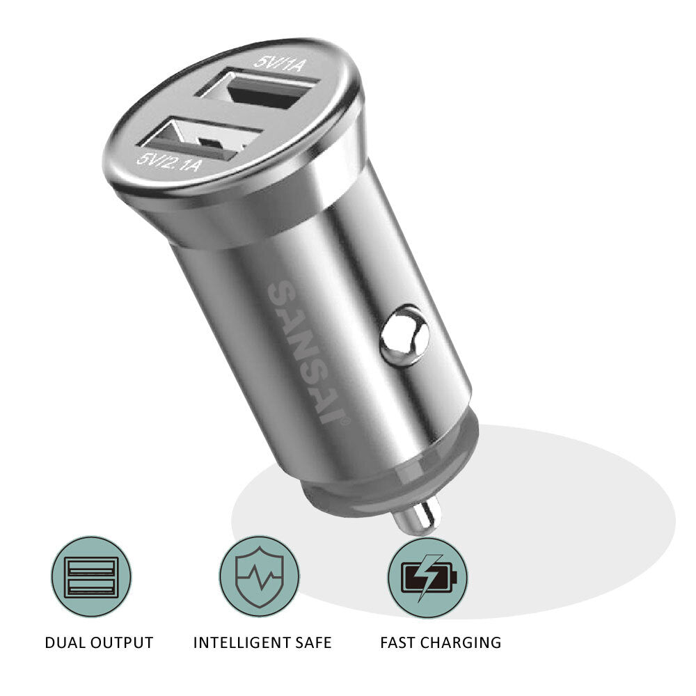 Sansai Aluminium Dual USB-A Car Charger 4.8A for iPhone 11 X/Samsung S8+ Silver — image 2