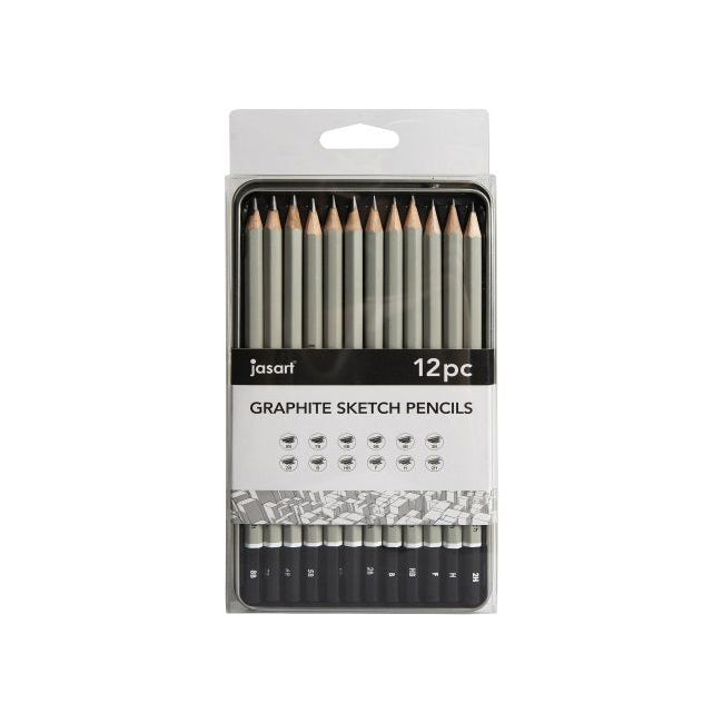 Jasart Studio Graphite Sketch Pencil Tin Set Art Portraiture/Drawing Grey (12 Pieces)