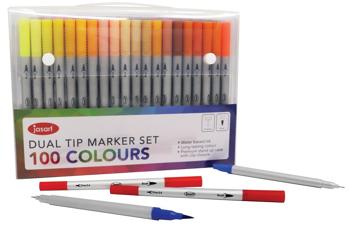 Jasart Dual Nib Brush Fineliner Set Water-Based Ink Art Colouring Markers (24 Pieces)