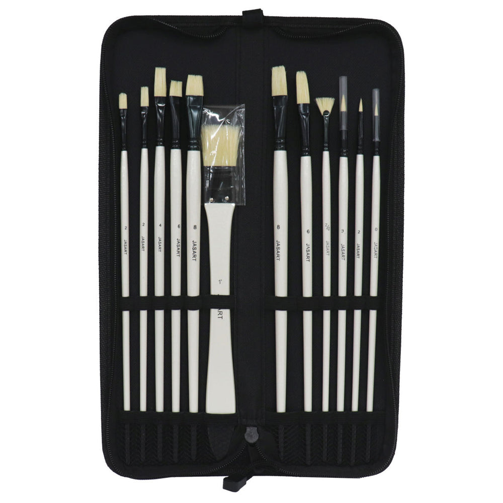 Jasart Natural Bristles Long Handle Brush Set - Pearl White (12 Pieces)