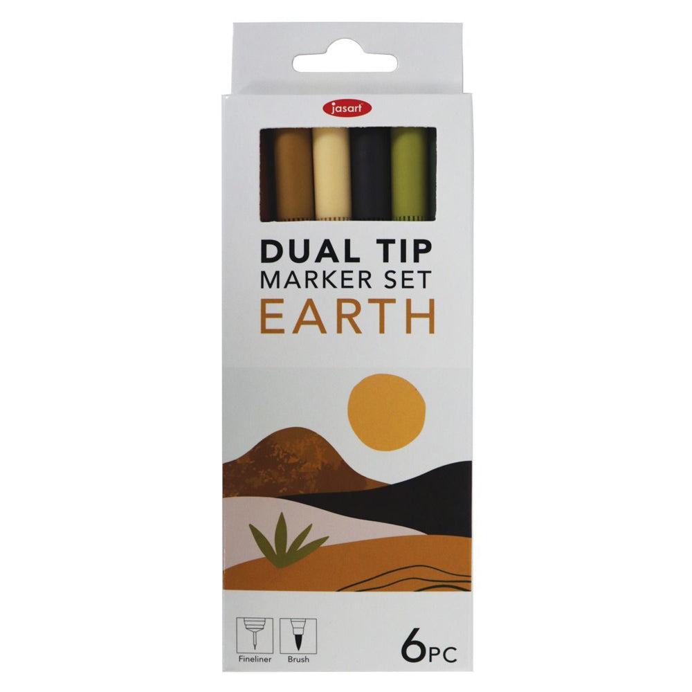 Jasart Dual Nib Tip Brush Fineliner 0.4mm Pen/Marker Art Drawing Set Earth (6 Pieces)