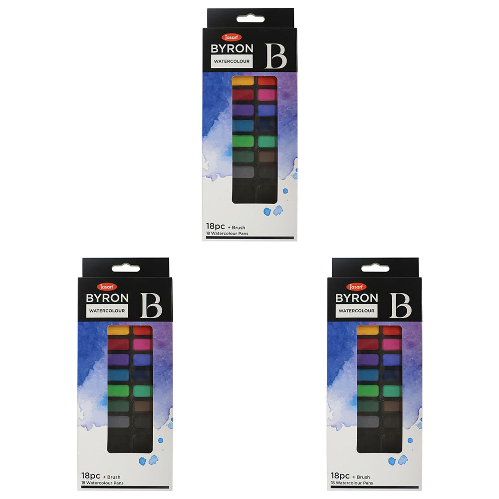 Jasart Byron 18-Colour Pan Watercolour Art/Craft Paint Set w/ Tin/Brush (3 Pack)