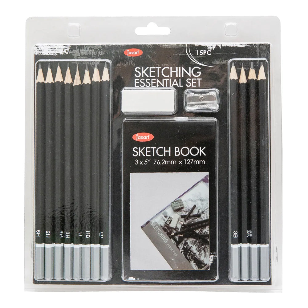 Jasart Essentials Sketching Pencil Set Art/Craft Drawing w/ Sketchbook (15 Pieces)