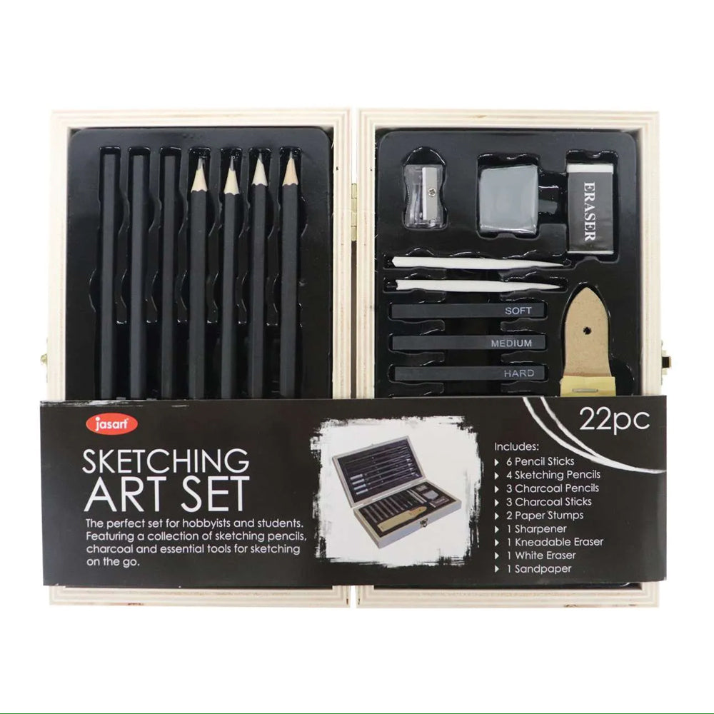 Jasart Pencil/Charcoal Sketching Drawing Art/Craft Set w/ Wooden Travel Box (22 Pieces)