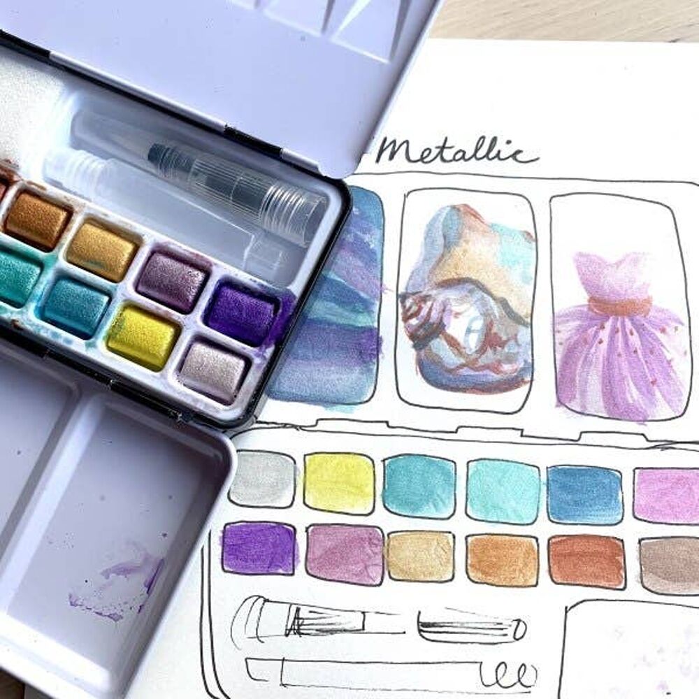 Jasart Byron 12-Colour Pocket Watercolour Craft Painting/Brush Set Metallic