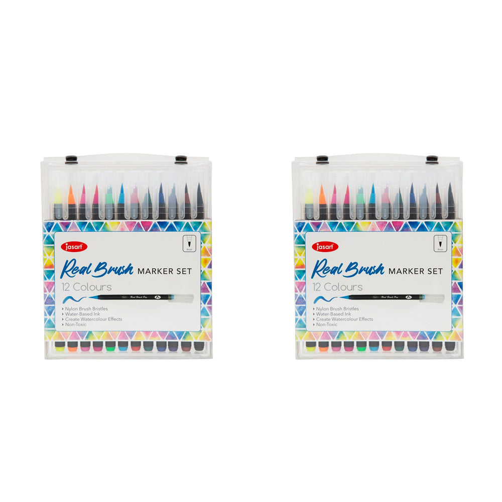 Jasart 12pc Jasart Water-Based Real Brush Marker Set Drawing Stationery w/ Case (2 Pack)