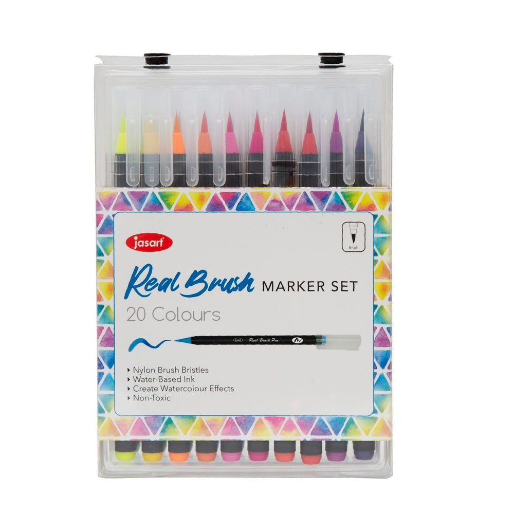 Jasart Water-Based Real Brush Marker Set Drawing School Stationery w/ Case (20 Pieces)