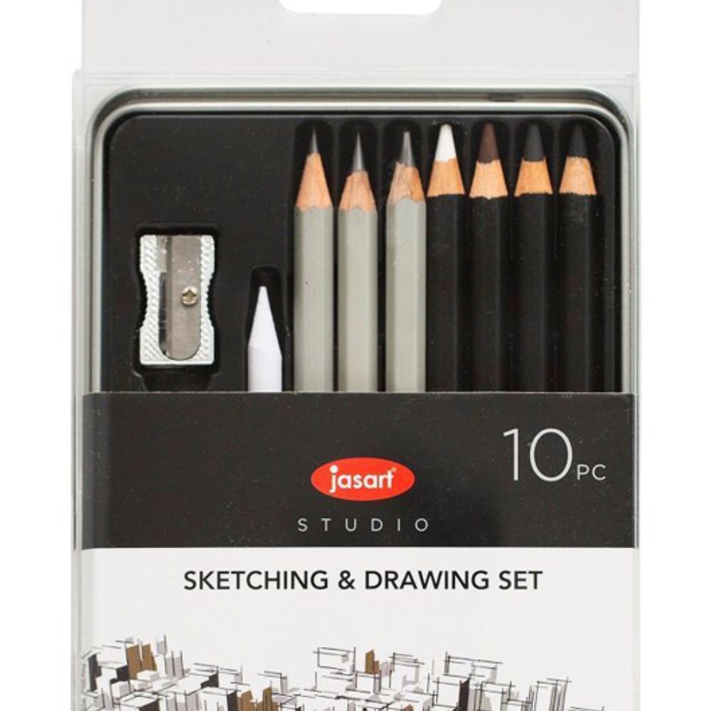 Jasart Studio 2B/6B/8B Graphite Sketching/Drawing Charcoal Pencil Set w/Tin (10 Pieces)