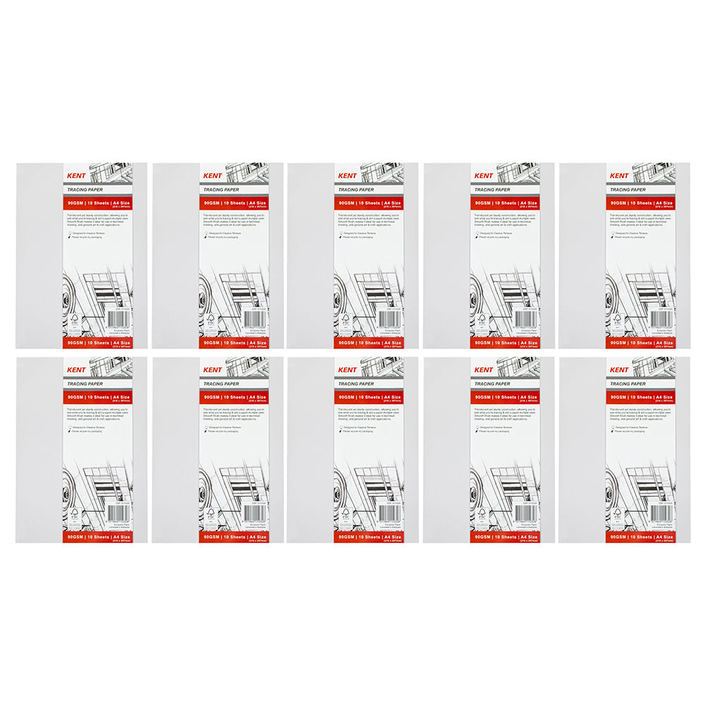 Kent 10 Sheets Tracing Paper Pack A4 Drawing/Design Pad Craft stationery (10 Pack)