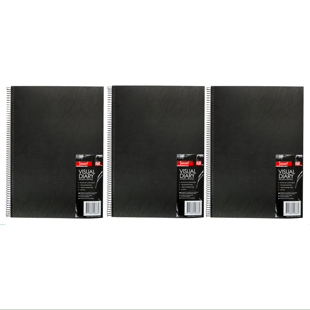 Jasart 120 Page A4 Visual Diary 21x29.7cm Journal Notebook Stationery Black (3 Pack)