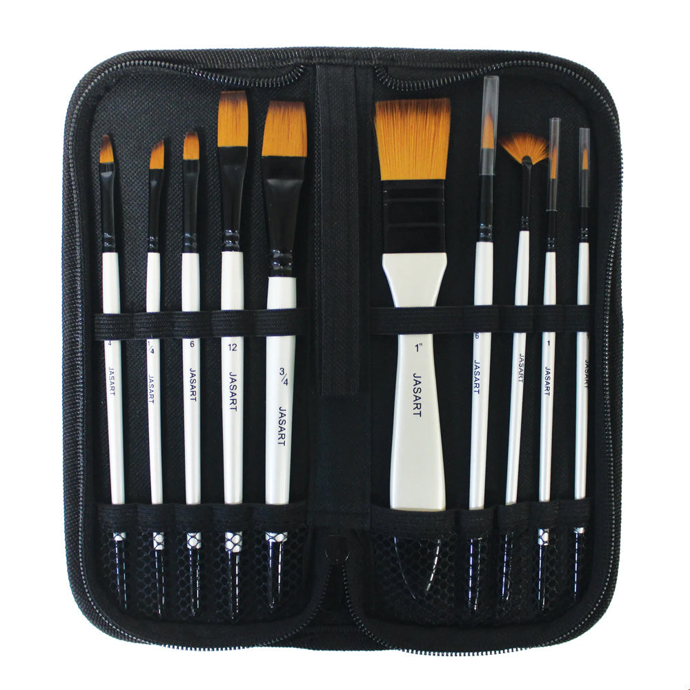 Jasart Value Synthetic Bristles Paint Brush w/ Storage Wallet For Acrylic (10 Pieces)