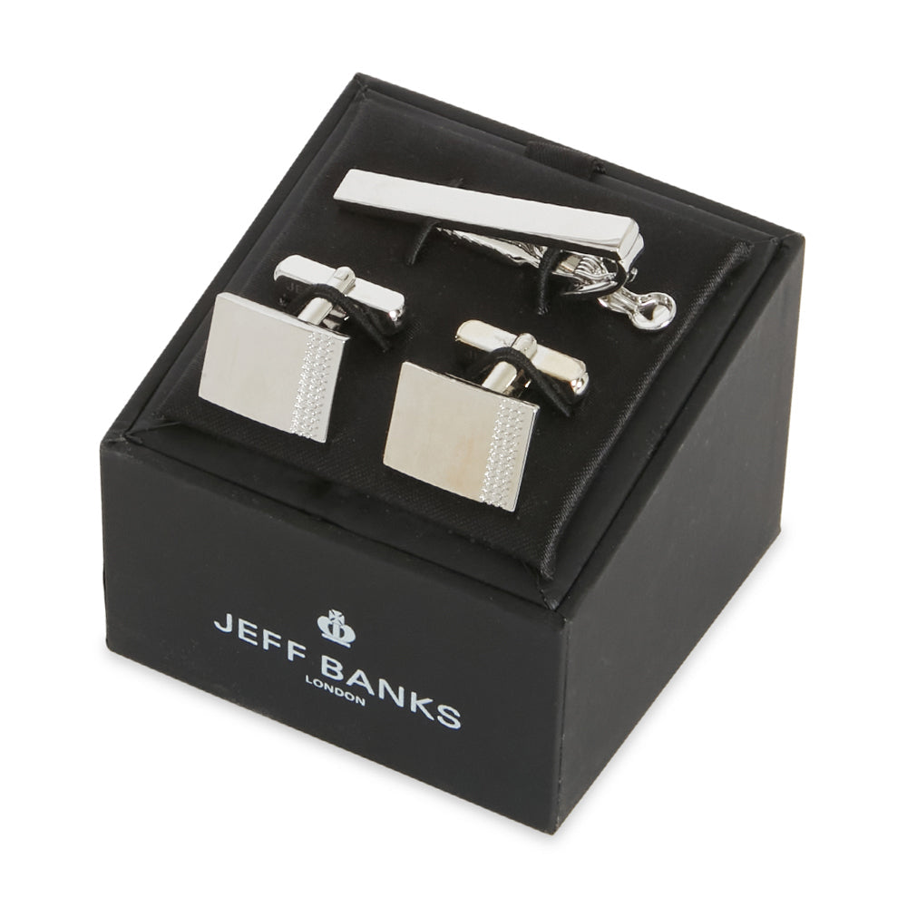 Jeff Banks Men's Stylish Smooth Metal Tie Bar & Cufflinks Set Polished Silver