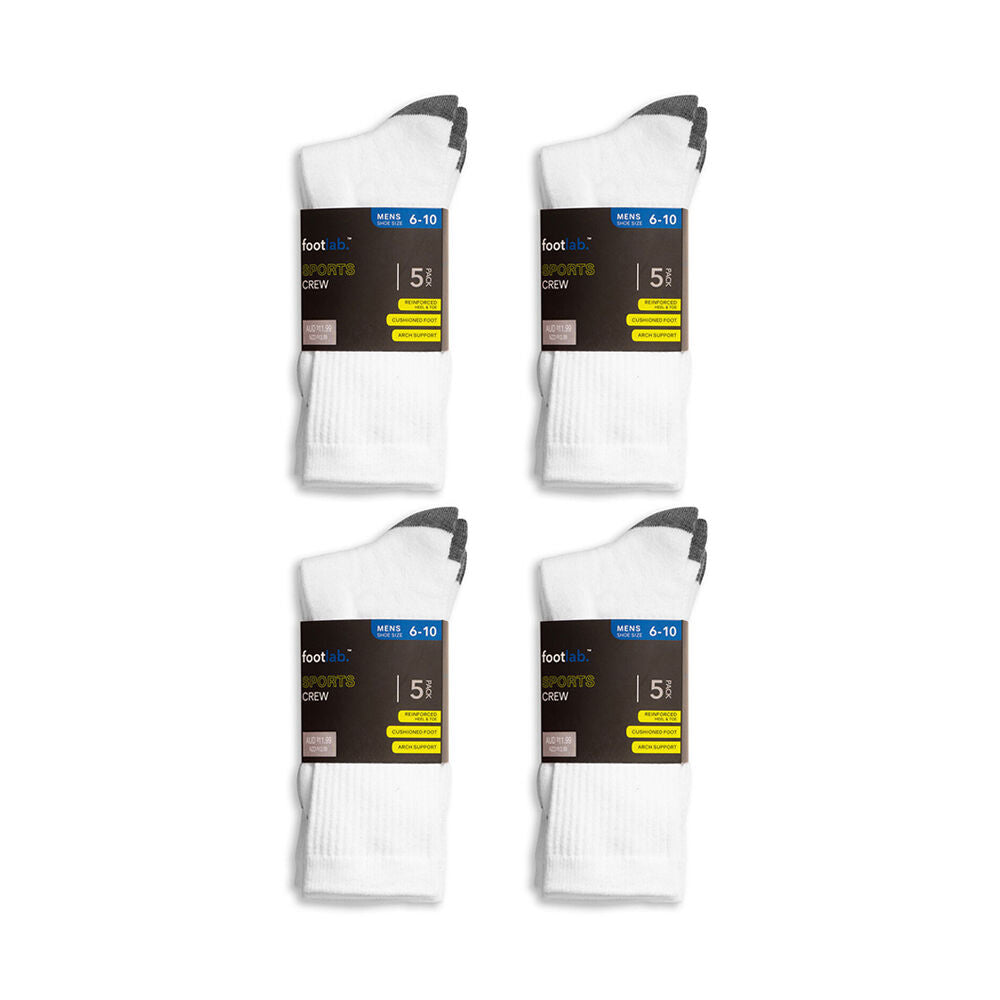 Footlab Mens Sports Cotton Rich Crew Cushioned Socks US Size 6-10 White (20 Pieces)