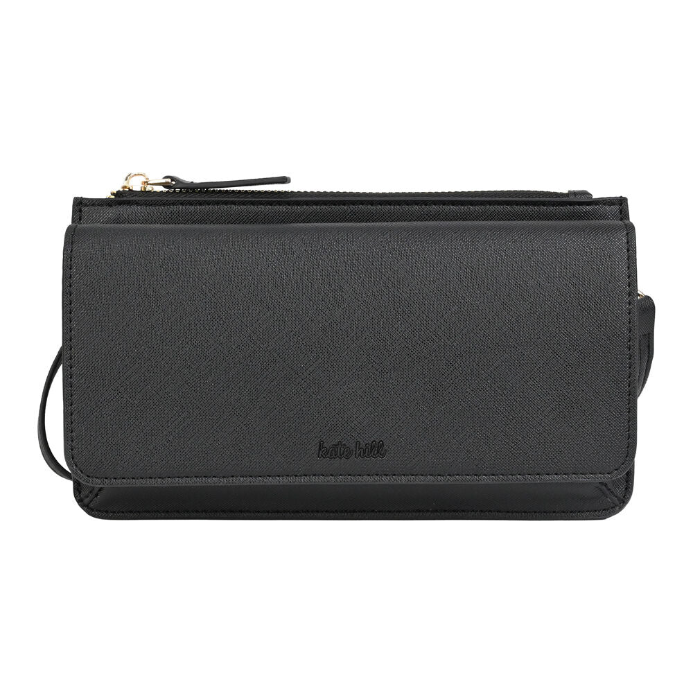 Kate Hill 12.5x12.5x4cm Travelling Wallet Accessory w Crossbody Strap — Black