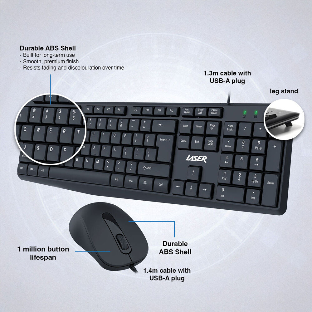 Laser Wired Office Keybord and Mouse Combo Set Ergonomic Portable Black — image 5