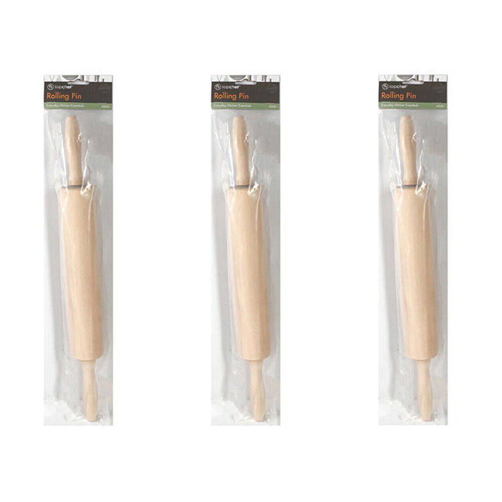 Topchef Wooden Baking Rolling Pin Kitchen Utensil 42cm Natural (3 Pack)