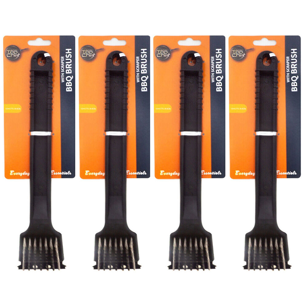 Topchef Long Handle Barbeque Cleaning Brush With Scraper 30cm Black (4 Pack)