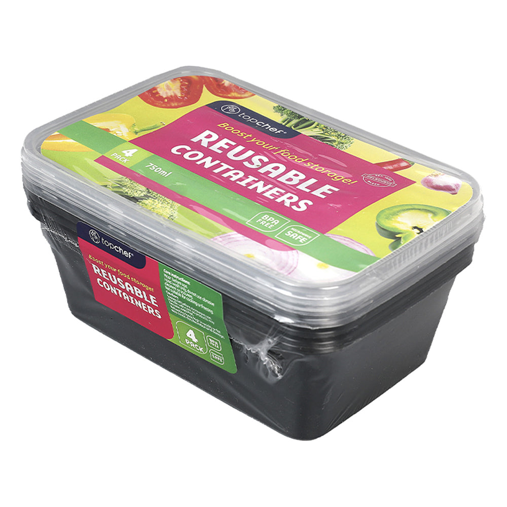 Topchef 750ml Rectangular Food Container Black (4 Pieces)