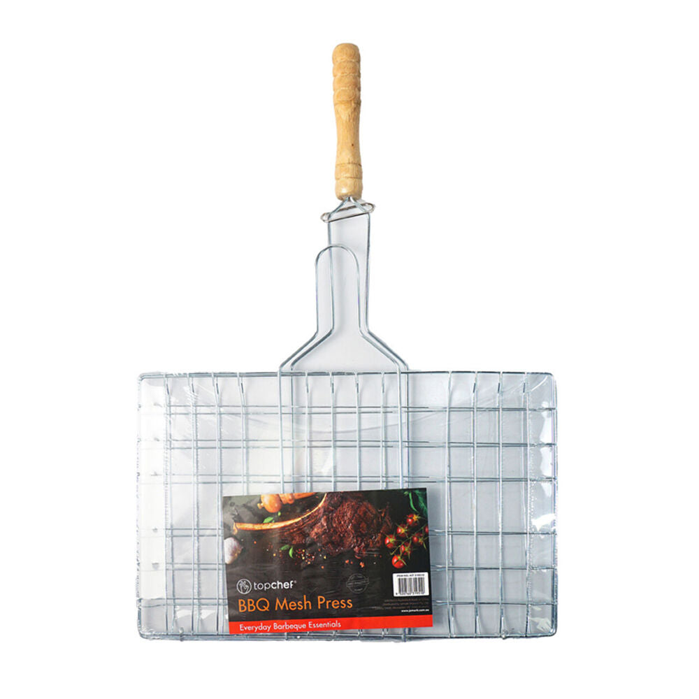 Topchef 31cm Silver Iron/Wood Barbeque Grilling Mesh Press Basket
