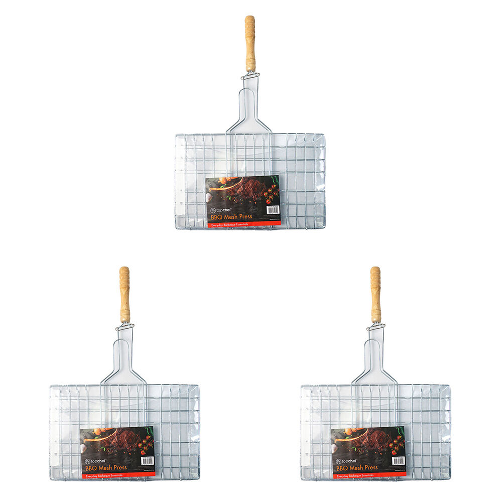 Topchef Iron/Wood Barbeque Grilling Mesh Press Basket 31cm Silver (3 Pack)