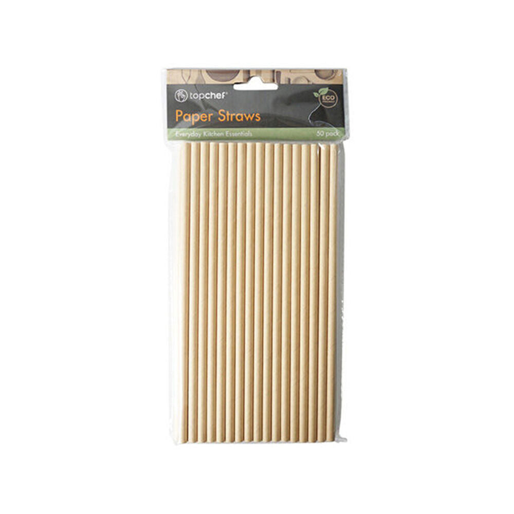 Topchef Disposable Single-Use Paper Drinking Straws 20cm Natural (50 Pieces)